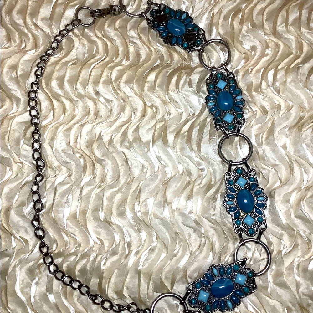 Faux Turquoise Conchos Silver Chain Link Belt